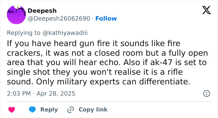 Tweet from user Deepesh explaining the sound of gunfire compared to firecrackers in an open area with echo during a mass tragedy.