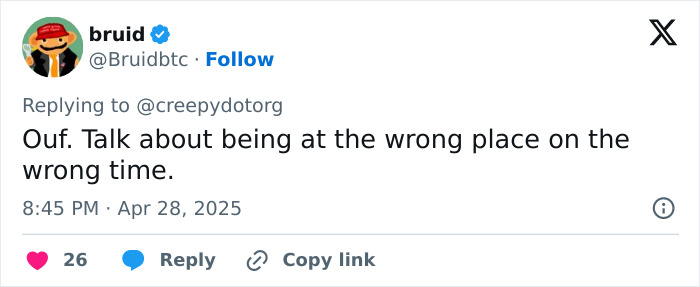 Tweet from user bruid commenting on being at the wrong place at the wrong time amid horrifying zip-lining viral video tragedy.