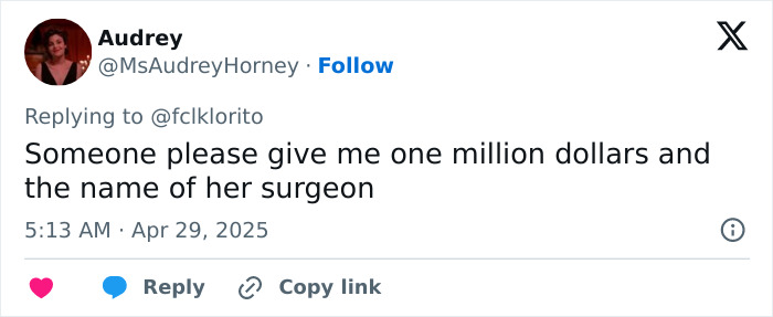 Tweet by user Audrey joking about needing money and a surgeon, related to fans claiming Christina Aguilera looks altered in photos.
