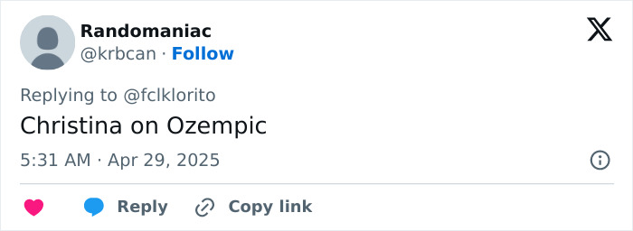 Tweet from user Randomaniac mentioning Christina Aguilera and Ozempic in a brief social media reply.