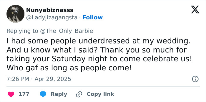 Tweet discussing mass debate after bride tells guest dress is inappropriate at wedding, sharing opinion on guest attire.