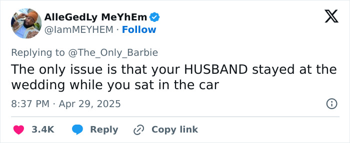 Screenshot of a Twitter reply discussing a wedding debate about inappropriate guest dress and husband staying at the event.