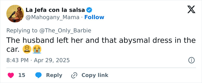 Screenshot of a social media comment discussing an abysmal dress sparking mass debate over inappropriate wedding attire.