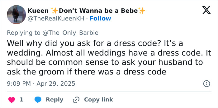 Tweet discussing mass debate over inappropriate wedding guest dress, highlighting bride and dress code controversy.