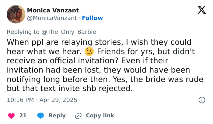 Tweet discussing bride telling guest dress is inappropriate, sparking mass debate over wedding dress etiquette and guest expectations.