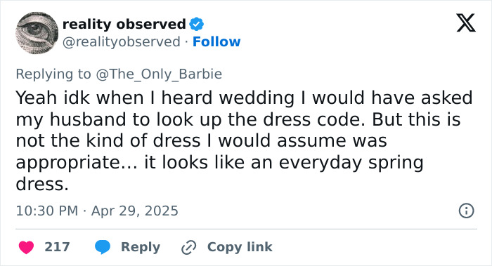 Tweet discussing mass debate over bride calling guest dress inappropriate and definitely wrong for a wedding dress choice.