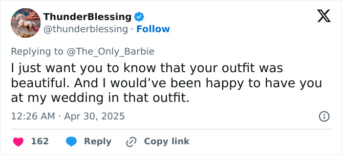 Tweet from user ThunderBlessing expressing support for a guest&rsquo;s outfit amid wedding dress debate over appropriateness.