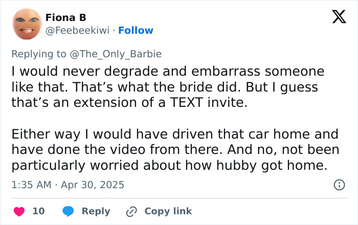 Twitter reply discussing a bride telling a guest their dress is inappropriate sparking mass debate.