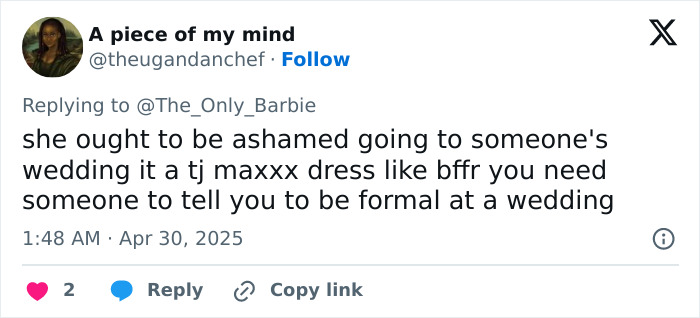 Social media user debates wedding guest dress appropriateness, sparking mass discussion about wedding dress etiquette.