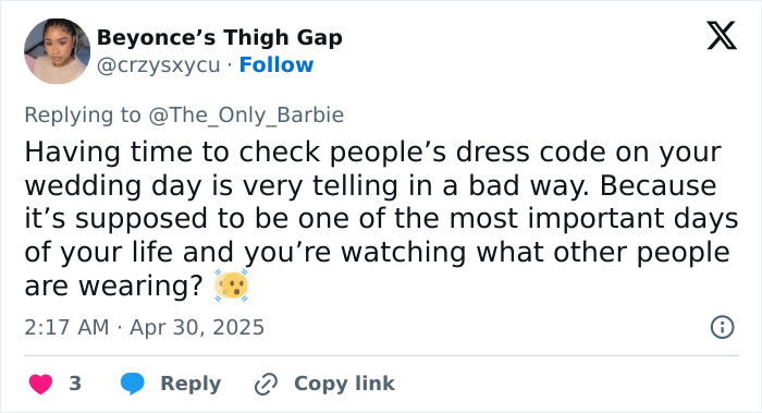 Tweet discussing bride's inappropriate dress comments sparking mass debate over wedding guest attire and dress code tensions.