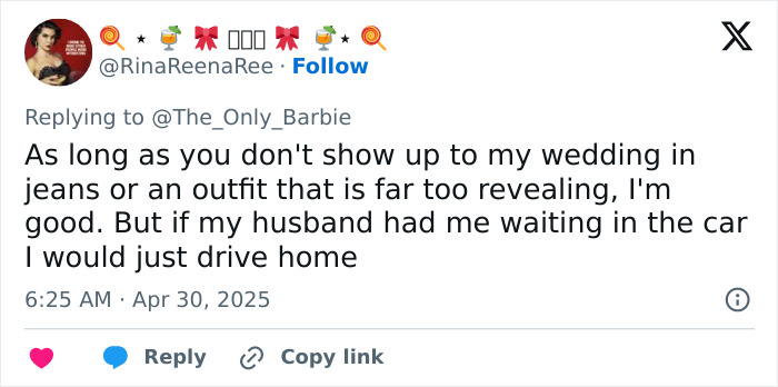 Tweet discussing a bride&rsquo;s opinion on inappropriate wedding guest dresses sparking a mass debate on wedding attire.