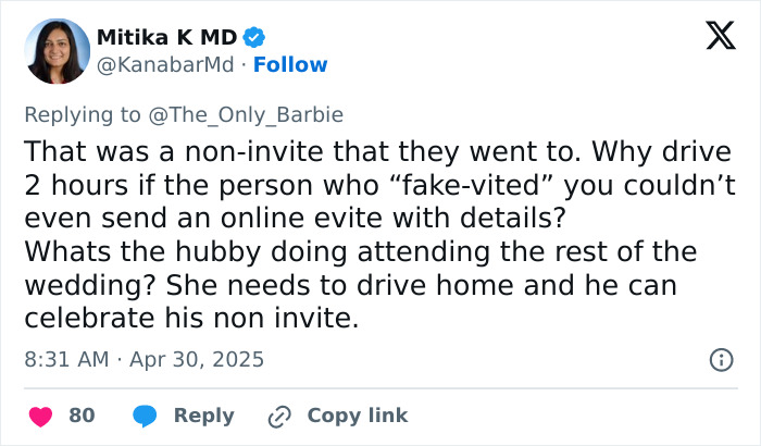 Tweet from Mitika K MD debating inappropriate wedding guest behavior and issues around wedding invitations and attendance.