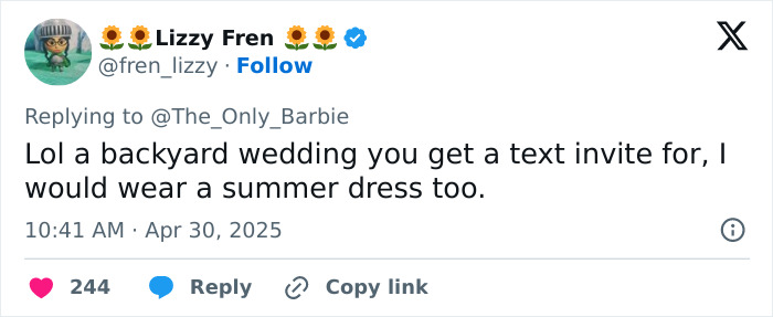 Tweet by user Lizzy Fren discussing wearing a summer dress to a backyard wedding after a text invite debate.