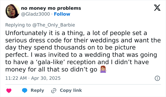 Twitter user discusses dress code controversies for weddings and guest attire deemed inappropriate by brides.