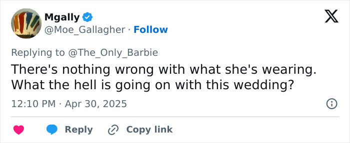 Tweet screenshot showing a debate about inappropriate guest dress at a wedding, with a user defending the outfit choice.