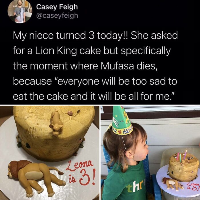 Child's humorous Lion King cake moment from a dad-themed parenting meme on Instagram.