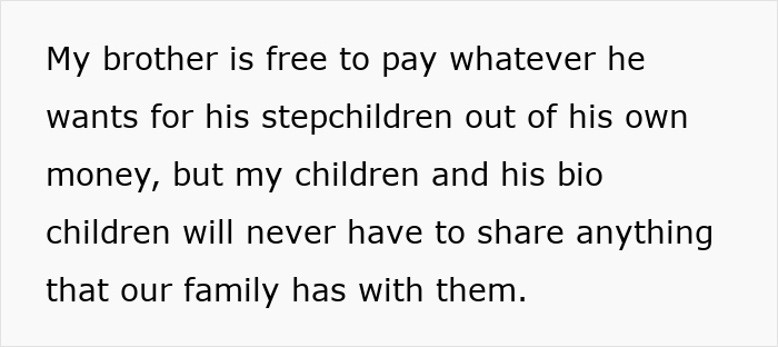 Text discussing family's asset policy favoring biological kids over stepchildren.