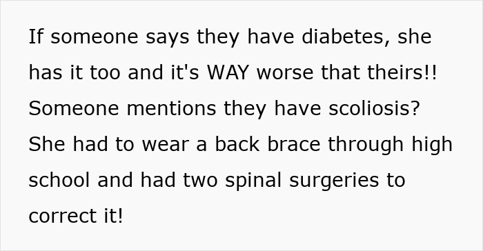 Text illustration about a woman claiming worse conditions than others, emphasizing her numerous alleged diseases.