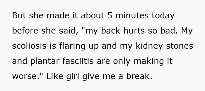 Text of a woman listing complaints about her health, as her colleague reacts with frustration. Keywords: disease, colleague.