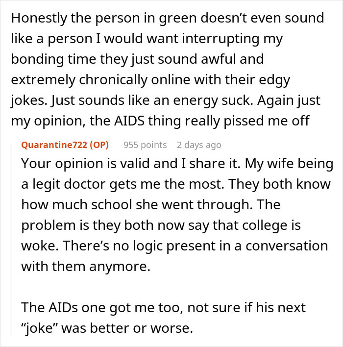 Online discussion about jokes and opinions related to vaccines, involving concerns about a new baby and vaccination updates. Online discussion about jokes and opinions related to vaccines, involving concerns about a new baby and vaccination updates.