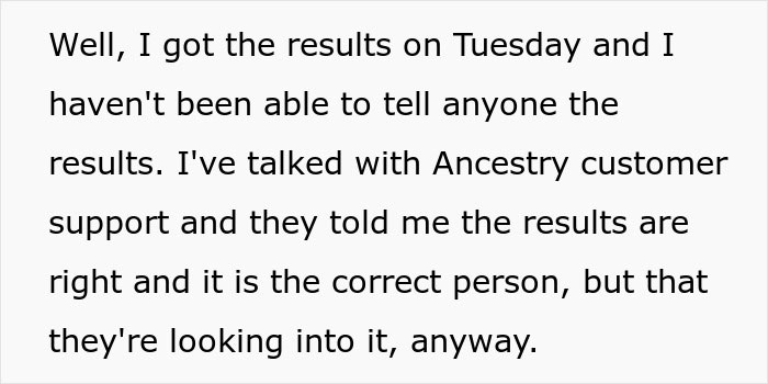 Text message about family DNA results and Ancestry support confirmation.