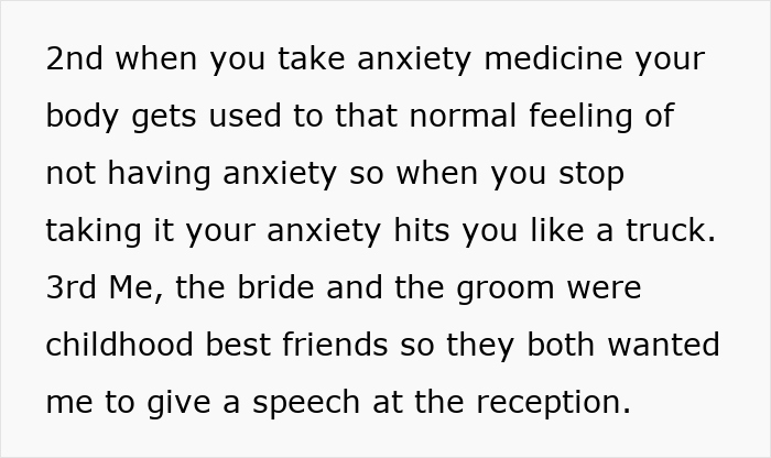 Text discussing anxiety pills and a bride and groom's request for a speech at their wedding reception.