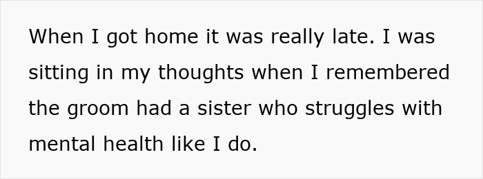 Text about the groom's sister and mental health struggles, related to wedding anxiety dilemma.