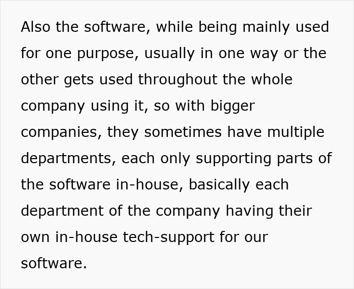 Text about software use and tech-support in large companies.