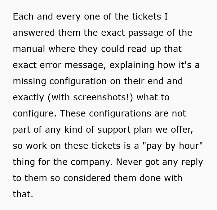 Text explaining a client support ticket issue and missing configuration details.