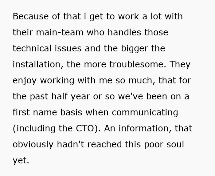 Text about a client's technical issues and first-name basis communication, indicating ticket escalation context.