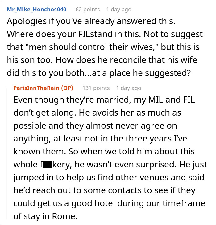 Text conversation discussing MIL canceling son's honeymoon, FIL's indifference, and offering hotel help instead.