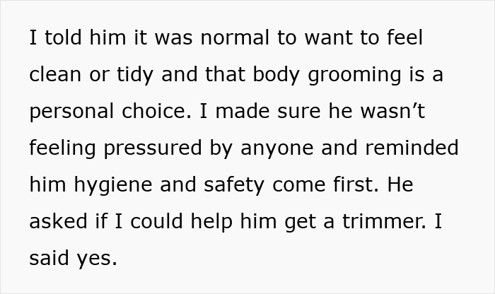 A father explains body grooming as a personal choice to his son, emphasizing hygiene and safety first.