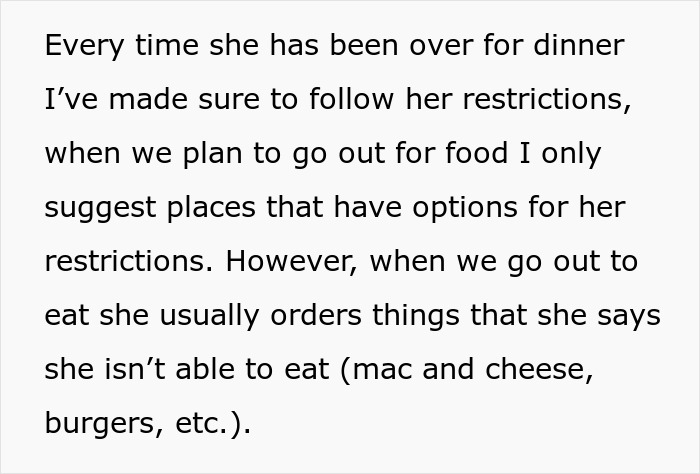Text discussing a friend's dietary restrictions and inconsistent food choices when eating out.