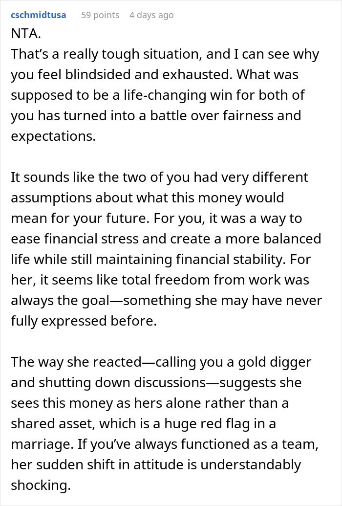 Reddit comment discussing sharing lottery winnings and marital disagreements.