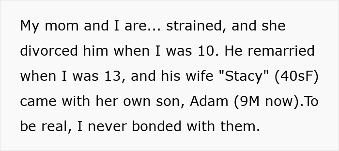 Text discussing the strained relationship with a stepmom who arrived with her son after a remarriage at age 13. Text discussing the strained relationship with a stepmom who arrived with her son after a remarriage at age 13.