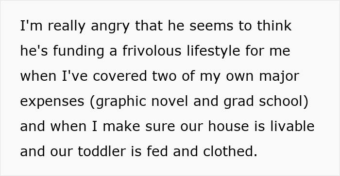 Text from the graphic novel about frustration over financial claims in a relationship.