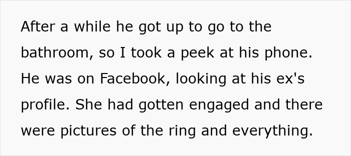 Text about a boyfriend discovering his ex-girlfriend's engagement on Facebook. Text about a boyfriend discovering his ex-girlfriend's engagement on Facebook.