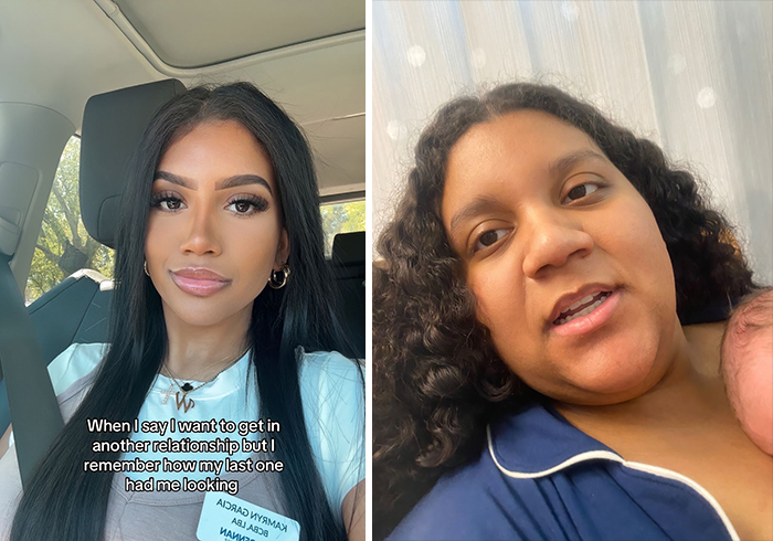 Two women sharing photos of their appearance single vs. in a relationship, showing contrast in style and expression.