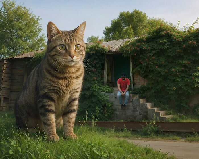 Giant cat photoshopped into scene with a man sitting on steps, creating a surreal world.