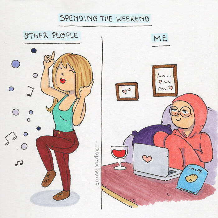Comic by Bored Panda artist depicts contrast between socializing and relaxing at home with snacks and a laptop.