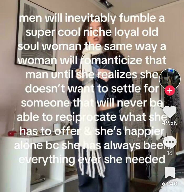 Woman in cozy attire with text overlay about relationships, in a room with shelving and framed art; exploring reality perspectives.