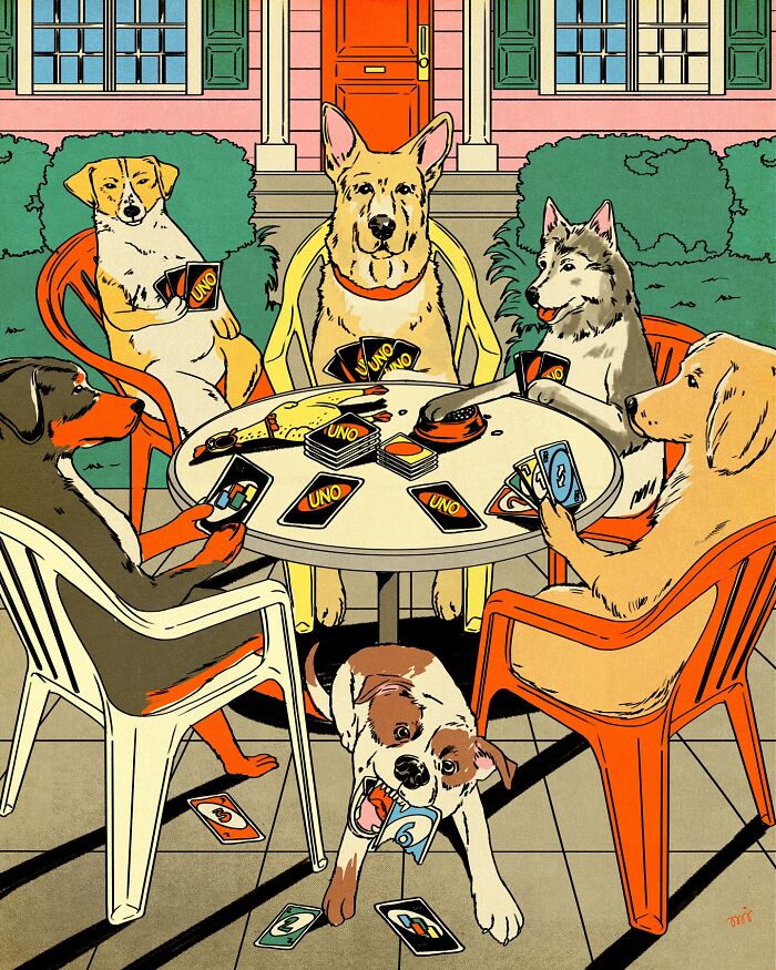Illustration by María Jesús Contreras featuring dogs playing UNO, with a vibrant and humorous scene at a patio table.