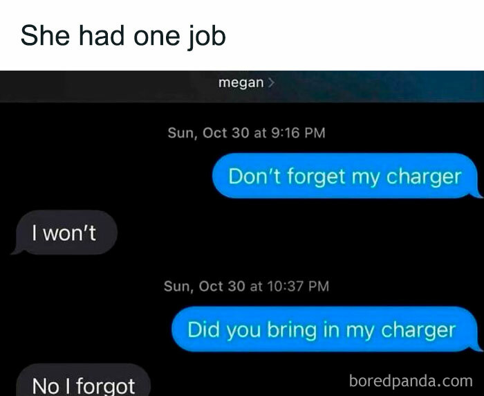 Text message meme about forgetting a charger, with a humorous "one job" caption.