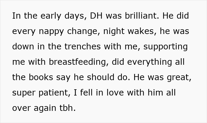 Text describing husband's involvement in early parenting, sharing responsibilities with new mom.