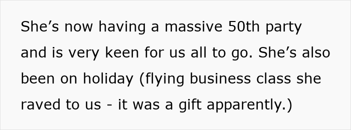 Text image discussing a woman's lavish 50th party and her business class holiday, raising concerns about financial grooming.