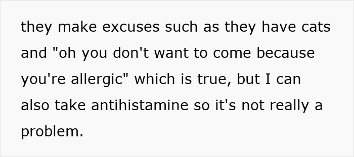 Text image discussing family and friends making excuses related to allergies.