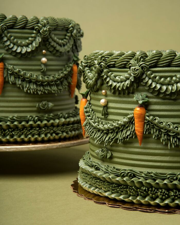 Green vegan cakes adorned with intricate icing and decorative carrots, showcasing stunning cake artistry.