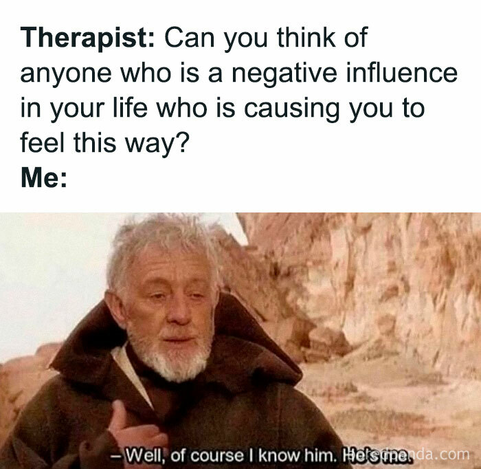 Elderly man in brown robes with mountains behind, reflecting philosophical meme humor about self-awareness and negative influences.