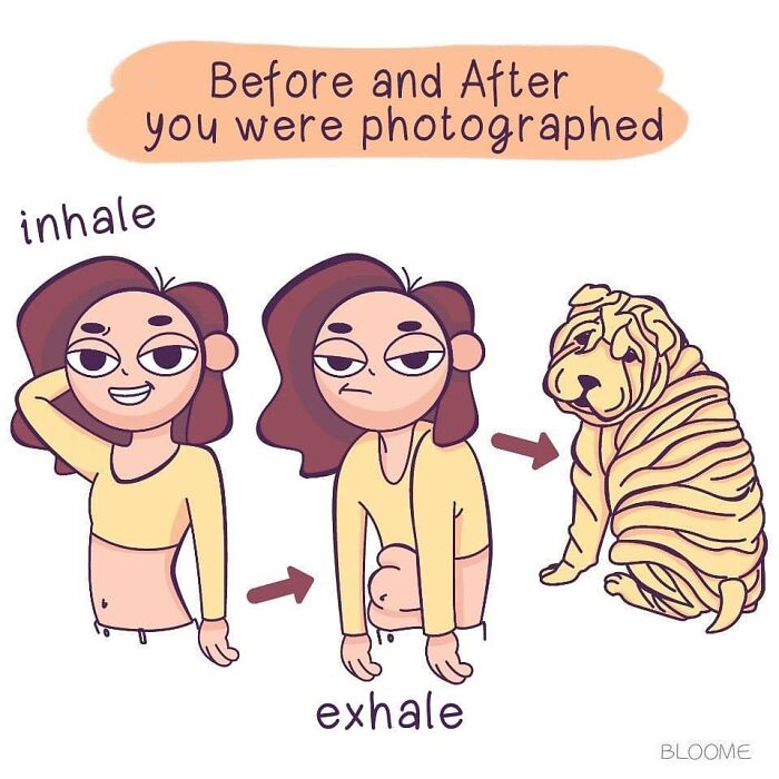 Comic strip showing a woman inhaling, exhaling, and transforming into a Shar Pei, illustrating a humorous take on photos.