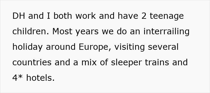 Text describes a couple with a mortgage, discussing European holidays with children using trains and staying in hotels.